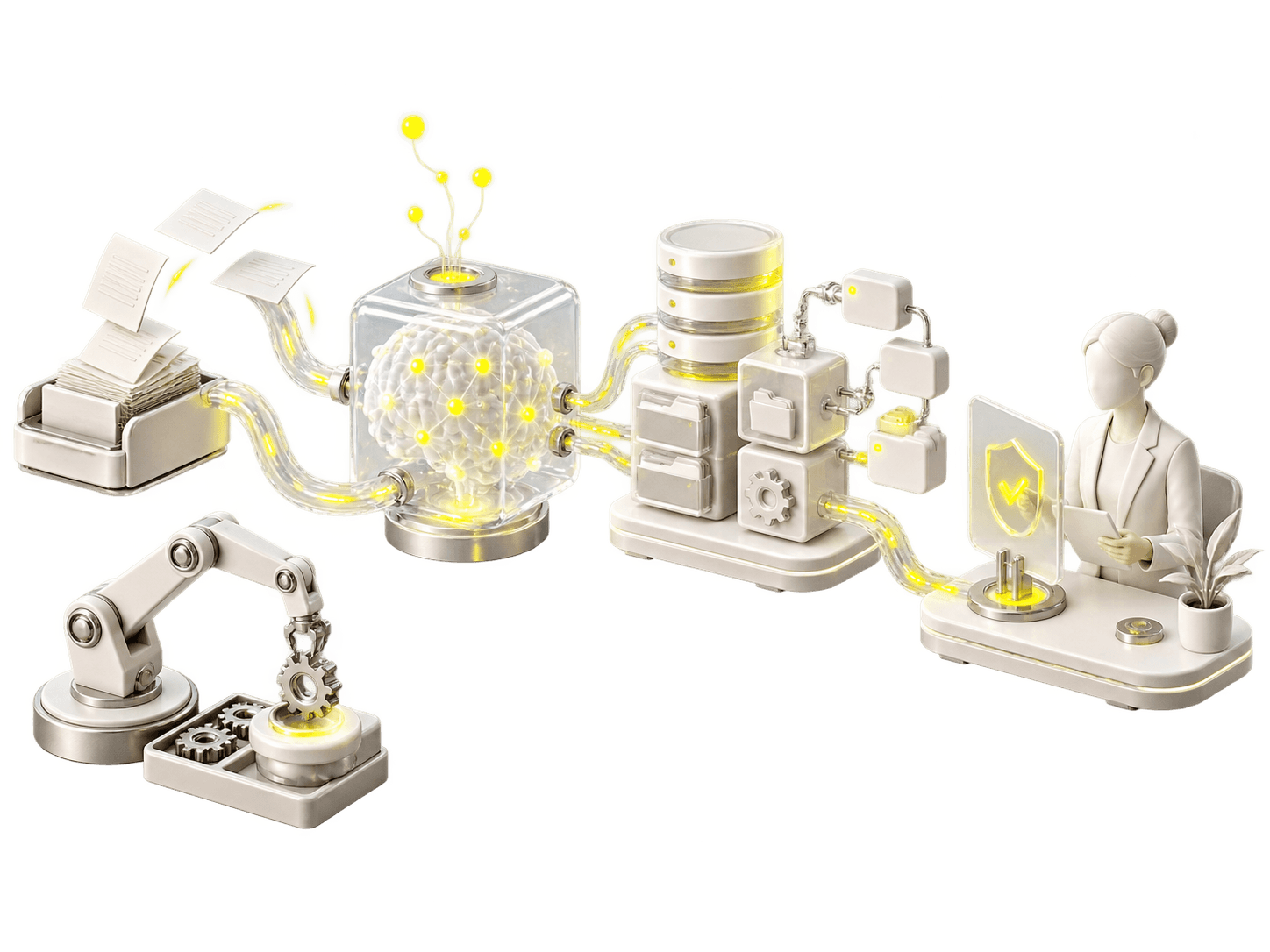 Illustration eines kontrollierten KI-Workflows mit Dokumenten, Systemen, Robotik und menschlicher Freigabe