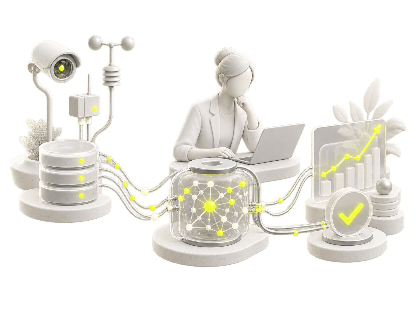 Illustration einer Analystin, die Sensor- und Unternehmensdaten in ein nachvollziehbares Entscheidungsbild überführt